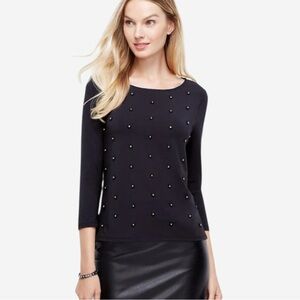 NWT Ann Taylor Rhinestone Detail 3/4 Sleeve Top Size L Navy Blue Hi-Lo Hem